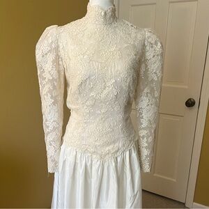 Vintage 1980’s high neck lace wedding gown with train, button back, ivory